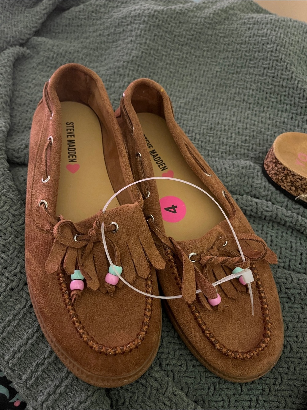 Steve Madden Tan Suede Tassel Moccasins with Pink Accents